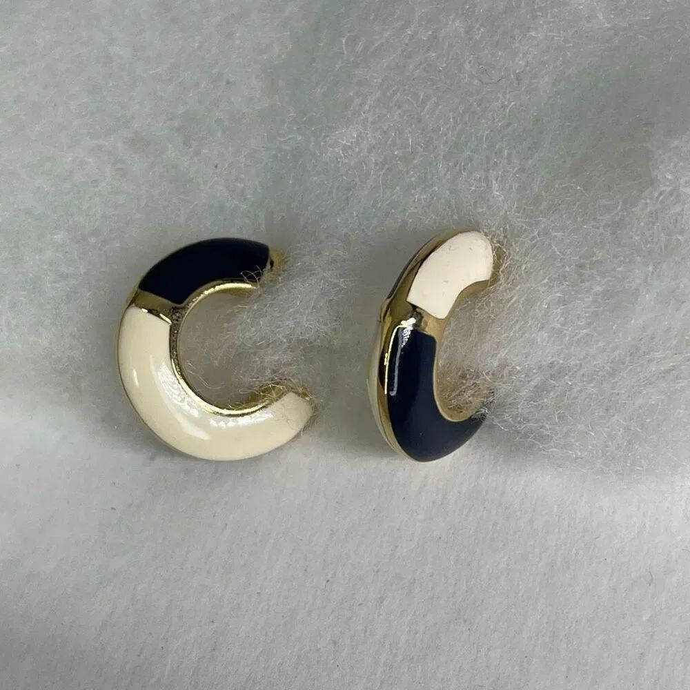 Vintage Monet 3/4 hoop enamel cream navy pierced earrings